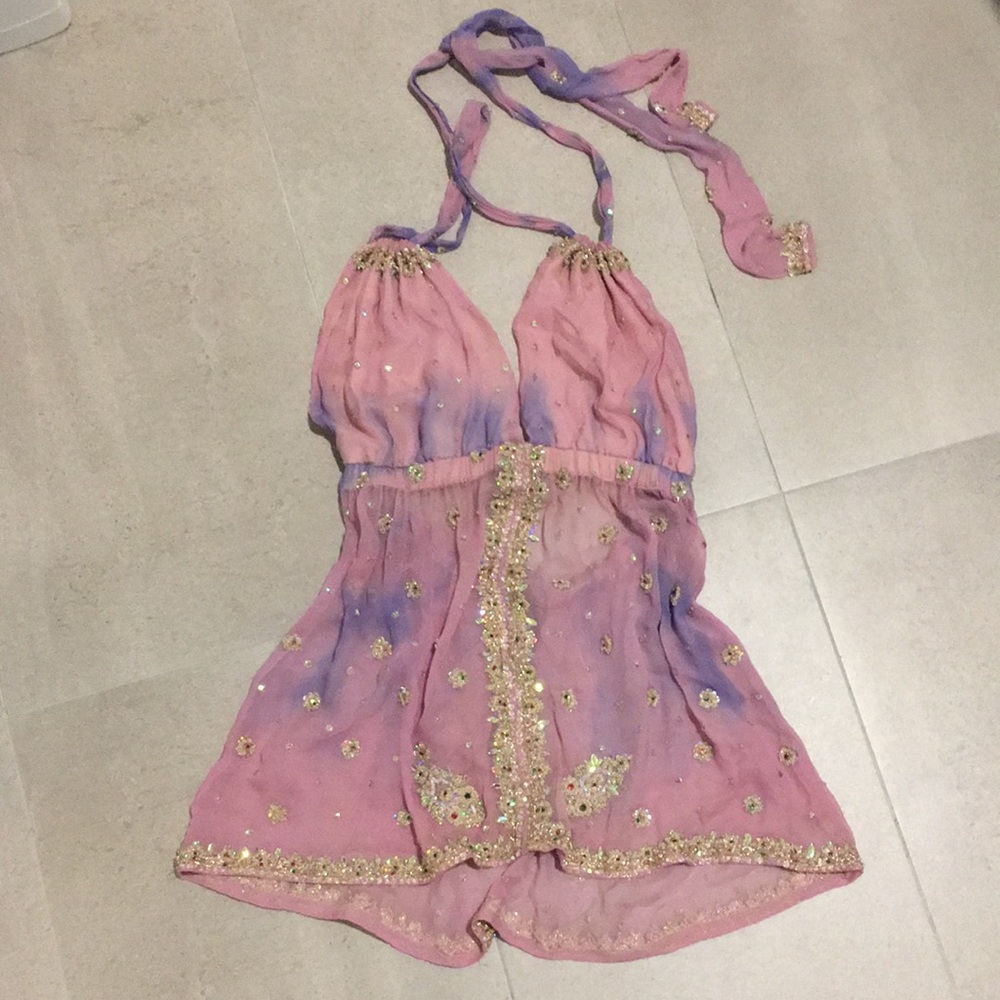 Pink and blue sheer top